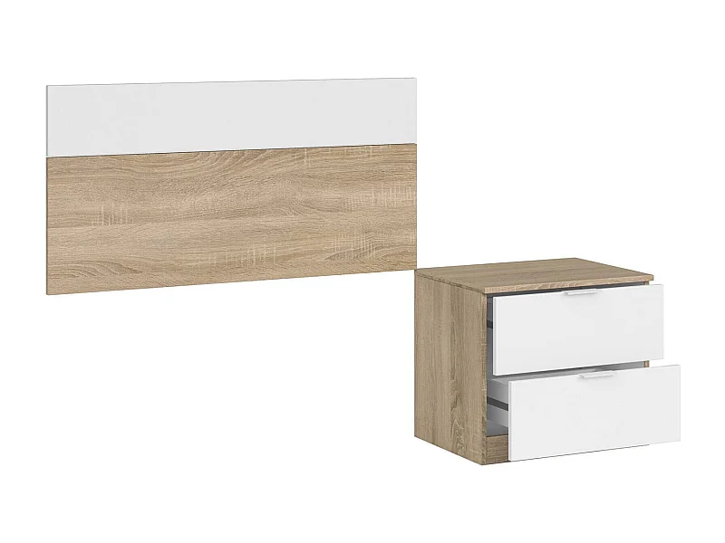 Tête de lit Honolulu, Table de chevet à deux tiroirs avec tête de lit pour lit simple de 90 cm, 100h50 cm, Chêne et Blanc