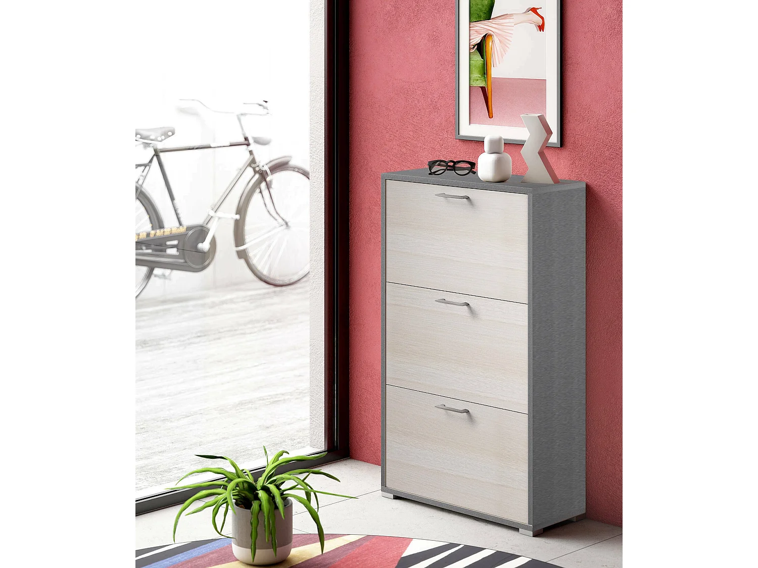 Étagère à chaussures Peonia, Meuble d'entrée polyvalent avec 3 portes pliantes, Meuble à chaussures double profondeur, 100% Made in Italy, 67x28h112 cm, Mélèze