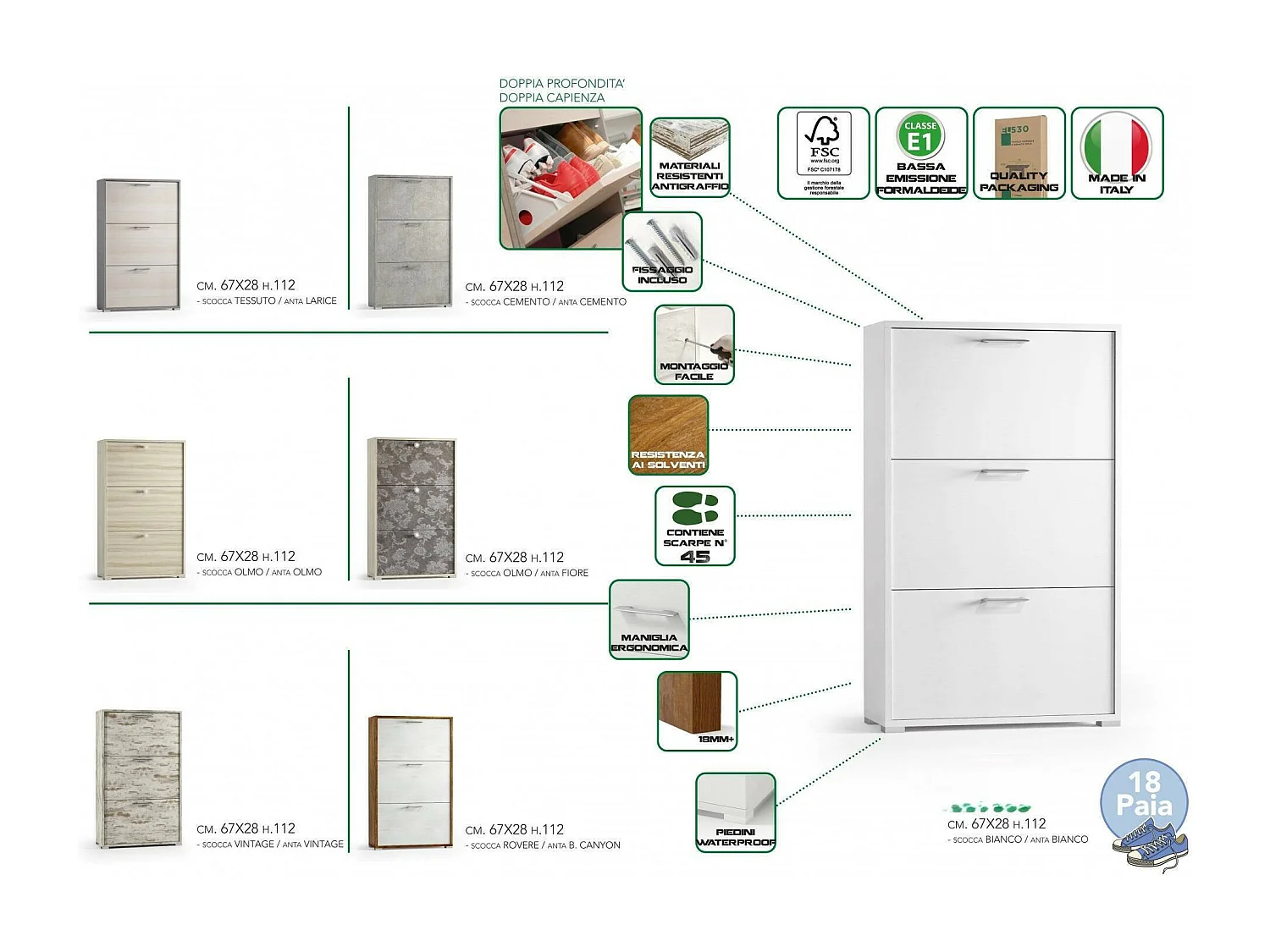 Étagère à chaussures Peonia, Meuble d'entrée polyvalent avec 3 portes pliantes, Meuble à chaussures double profondeur, 100% Made in Italy, 67x28h112 cm, Mélèze