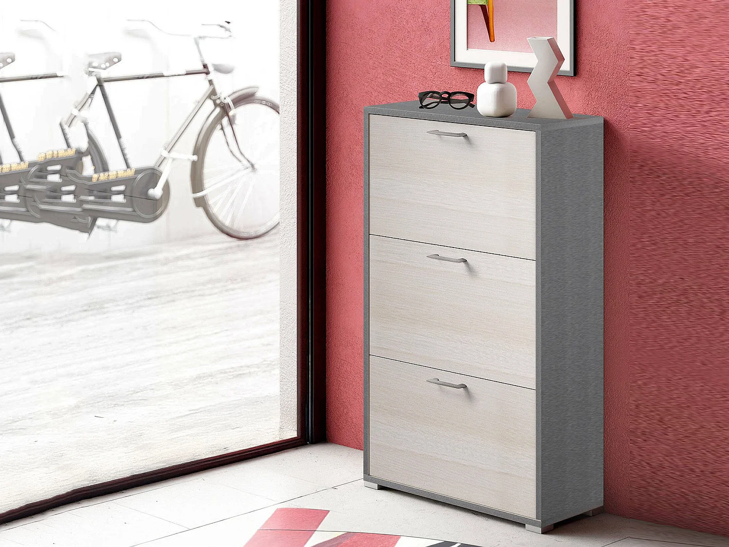 Zapatero Peonia, Mueble de entrada multiusos con 3 puertas plegables, Zapatero de doble profundidad, 100% Made in Italy, 67x28h112 cm, Alerce