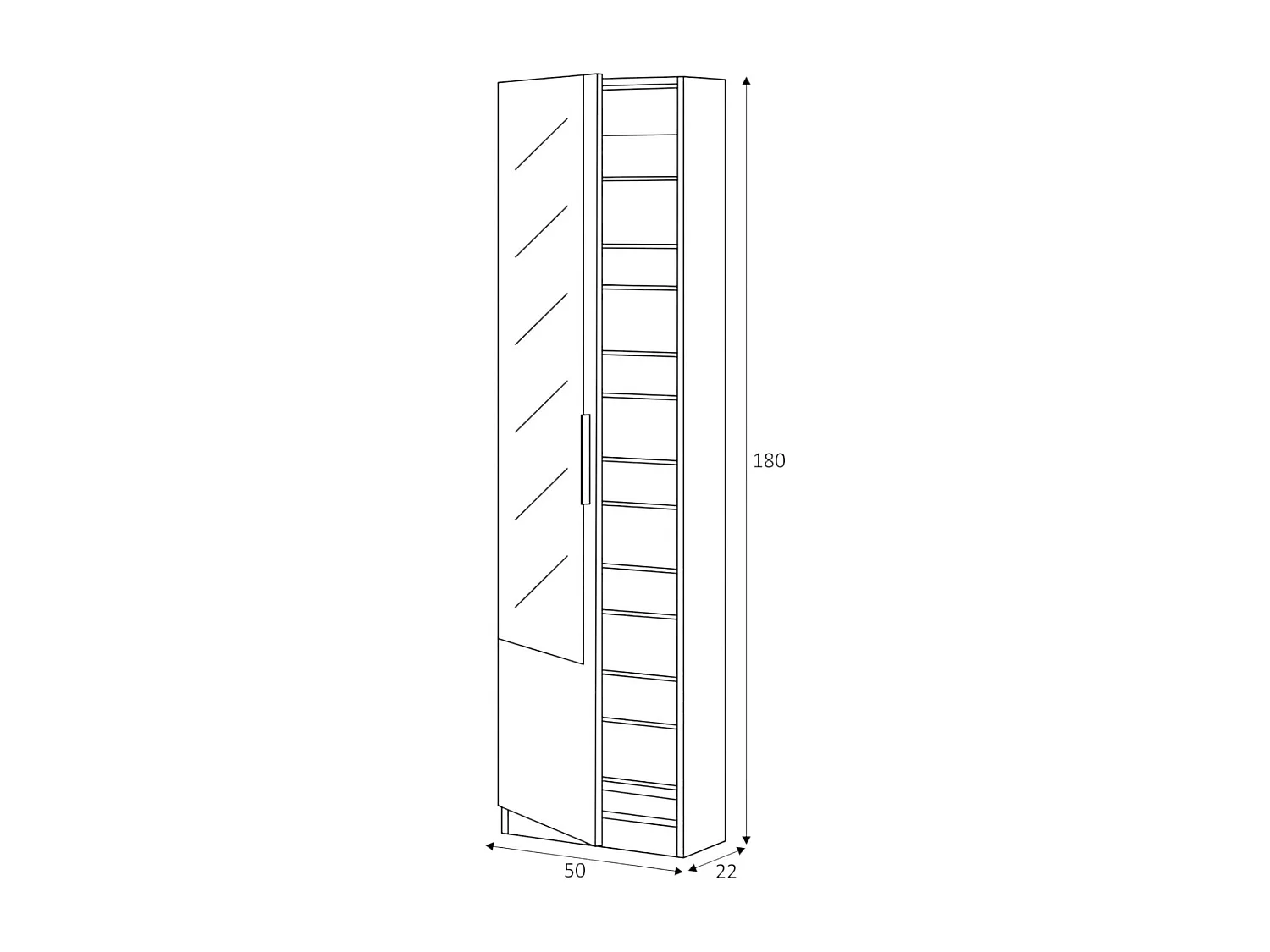Scarpiera Eugene, Armadio portascarpe alta a 1 anta, Mobile portascarpe moderno, Armadio da ingresso con specchio, 50x22h180 cm, Rovere