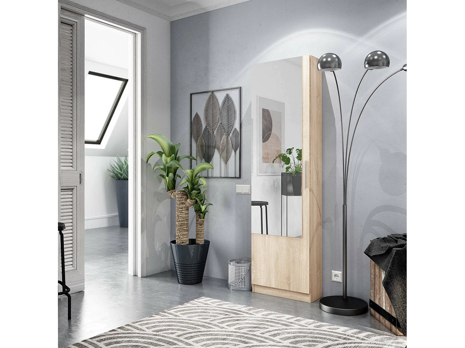 Sapateira Eugene, Sapateira alta com 1 porta, Sapateira moderna, Armário de entrada com espelho, 50x22h180 cm, Carvalho