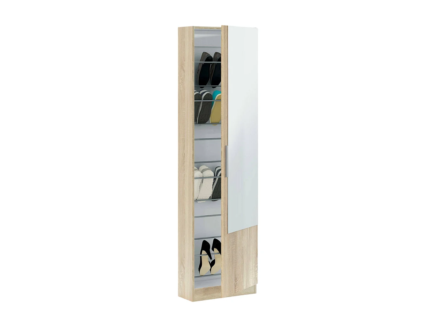 Étagère à chaussures Eugene, Armoire à chaussures haute avec 1 porte, Armoire à chaussures moderne, Armoire d'entrée avec miroir, 50x22h180 cm, Chêne