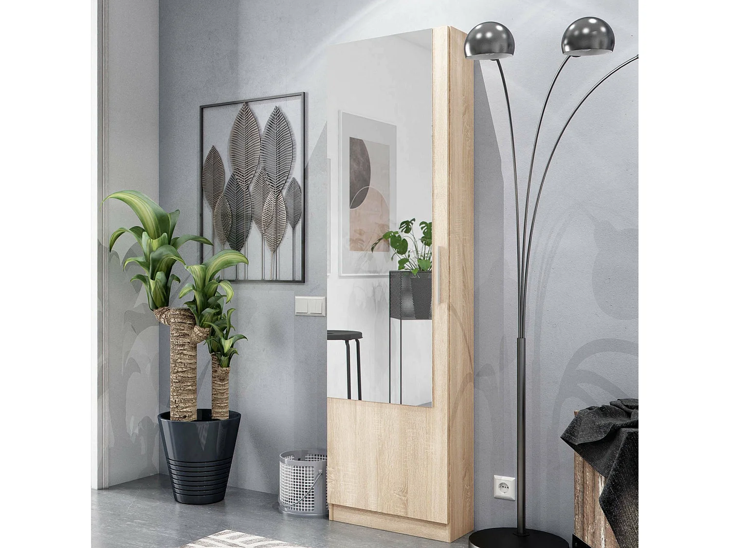 Étagère à chaussures Eugene, Armoire à chaussures haute avec 1 porte, Armoire à chaussures moderne, Armoire d'entrée avec miroir, 50x22h180 cm, Chêne