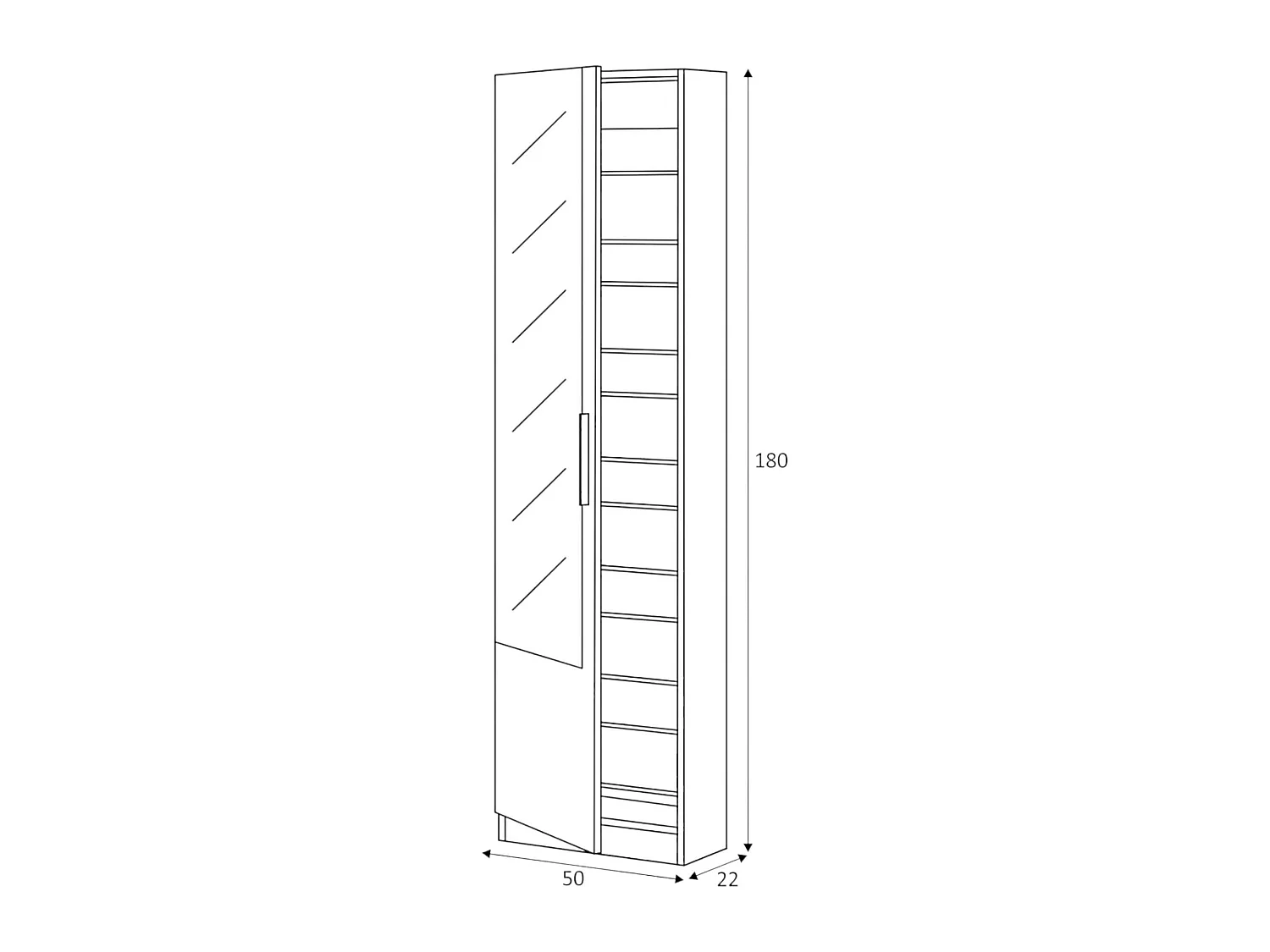 Étagère à chaussures Eugene, Armoire à chaussures haute avec 1 porte, Armoire à chaussures moderne, Armoire d'entrée avec miroir, 50x22h180 cm, Chêne