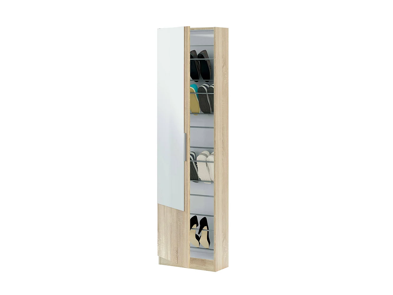 Étagère à chaussures Eugene, Armoire à chaussures haute avec 1 porte, Armoire à chaussures moderne, Armoire d'entrée avec miroir, 50x22h180 cm, Chêne