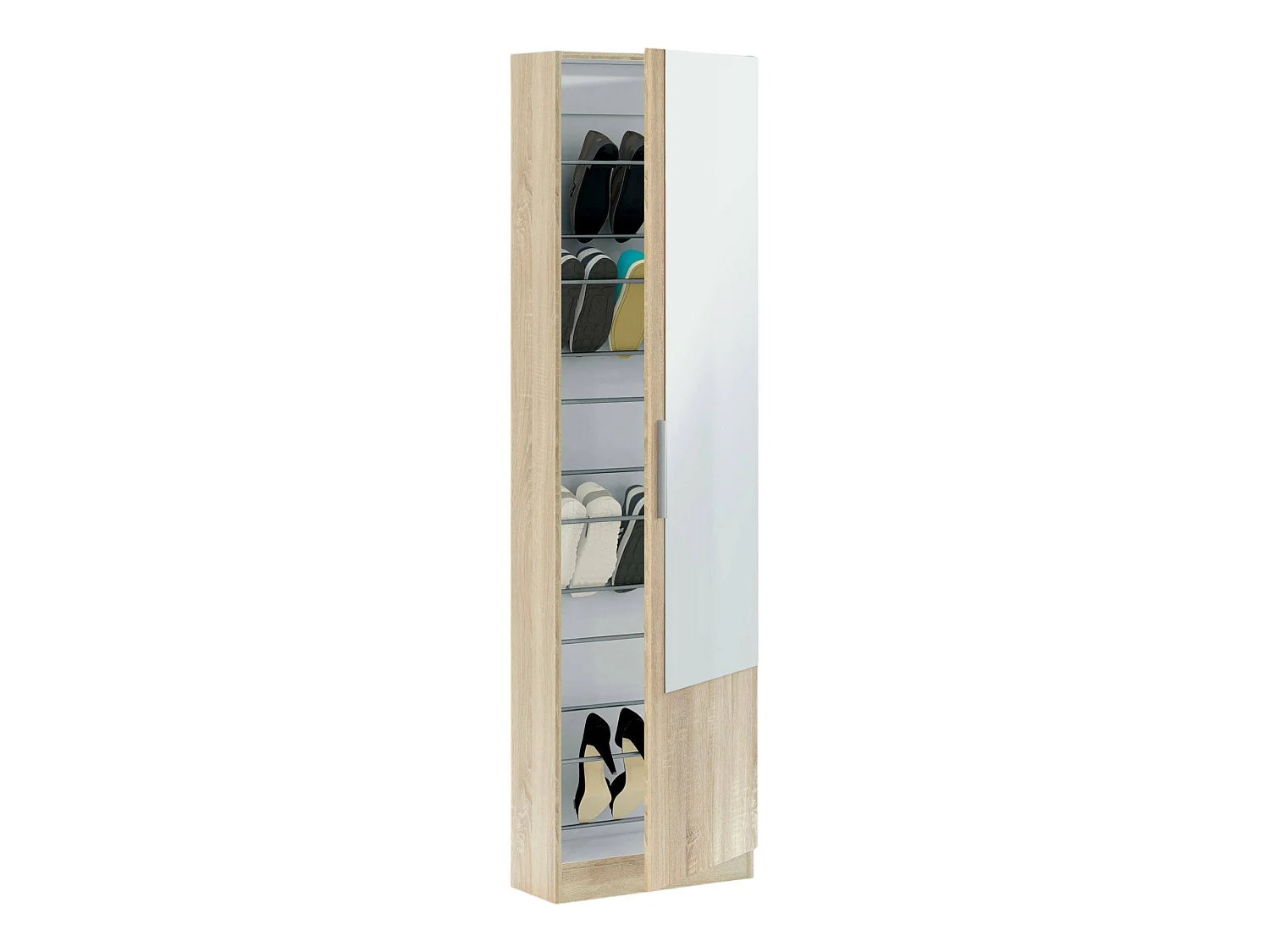 Étagère à chaussures Eugene, Armoire à chaussures haute avec 1 porte, Armoire à chaussures moderne, Armoire d'entrée avec miroir, 50x22h180 cm, Chêne