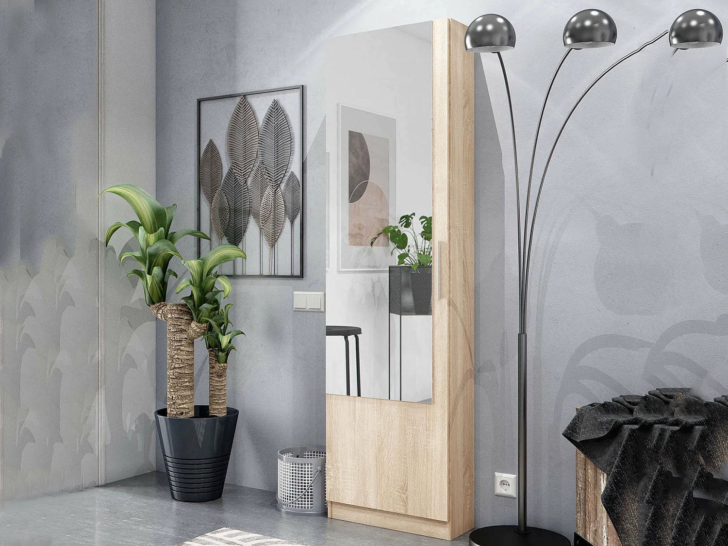 Étagère à chaussures Eugene, Armoire à chaussures haute avec 1 porte, Armoire à chaussures moderne, Armoire d'entrée avec miroir, 50x22h180 cm, Chêne