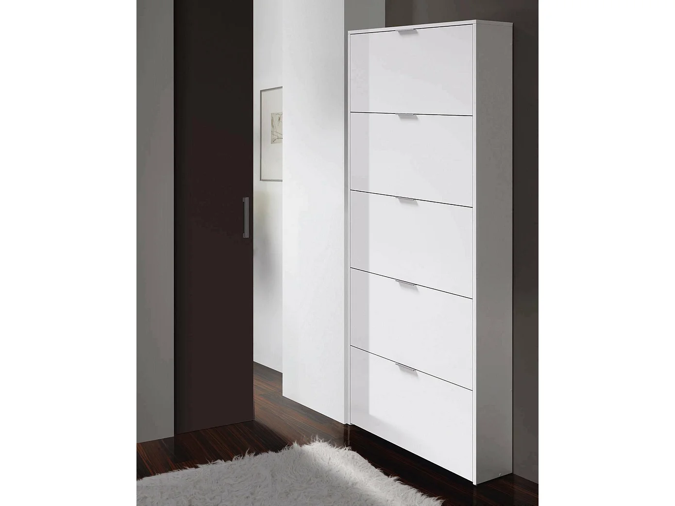 Sapateira Washington, Sapateira com 5 portas dobráveis, Sapateira de entrada alta, Sapateira moderna, 70x17h180 cm, Branco brilhante