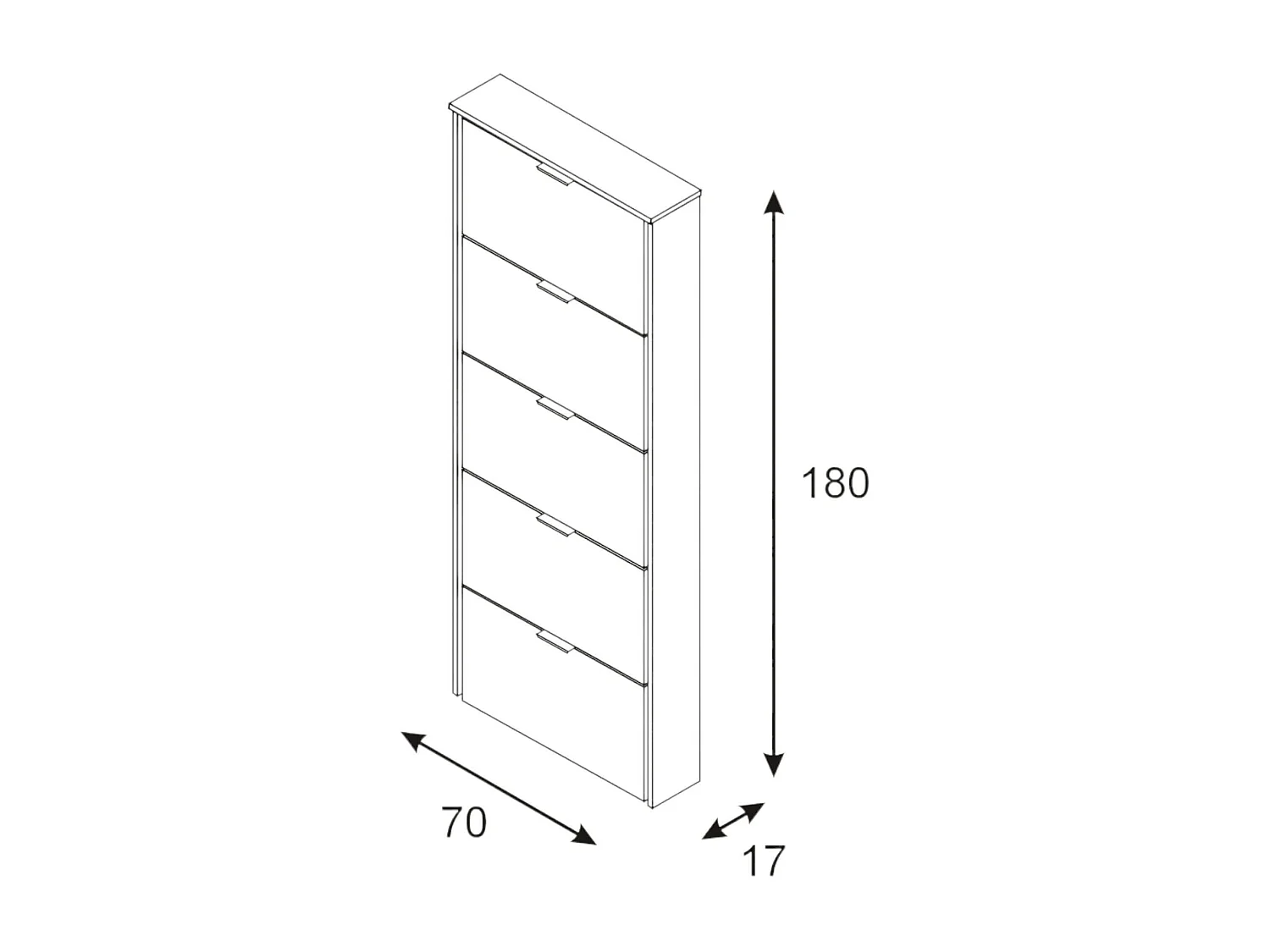 Dmora Zapatero de cinco puertas con apertura abatible, color blanco brillo, Medidas 70 x 180 x 17 cm, con embalaje reforzado