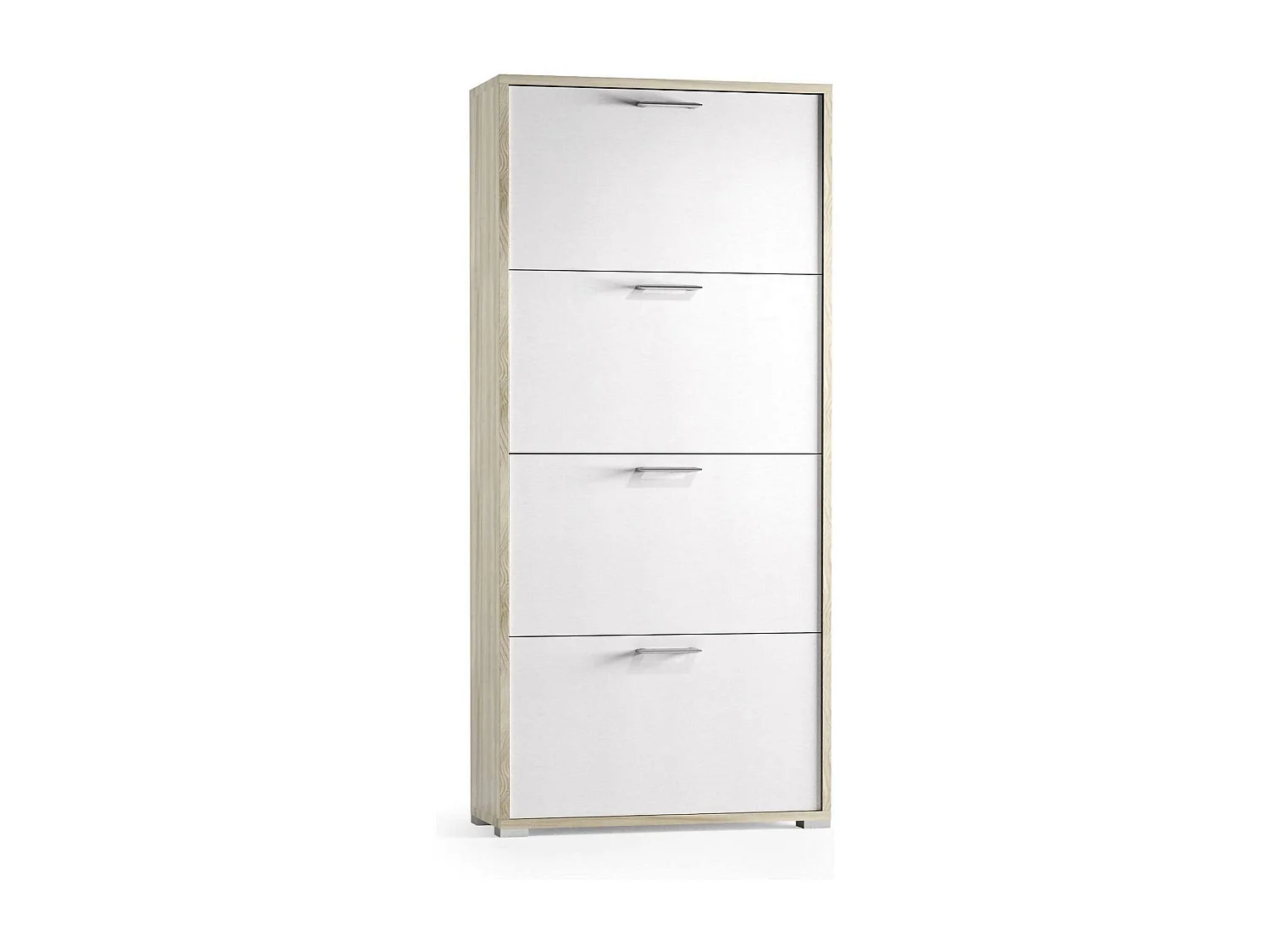Étagère à chaussures rose, meuble d'entrée polyvalent avec 4 portes pliantes, meuble à chaussures double profondeur, 100% Made in Italy, 67x28h147 cm, blanc et orme