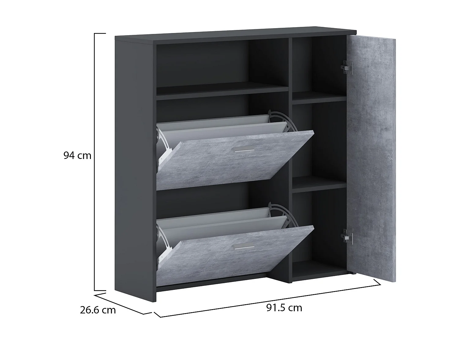 Meuble à chaussures Aldaya, Étagère à chaussures peu encombrante, Étagère à chaussures d'entrée, Meuble avec 3 portes pliantes, 92x27h94 cm, Anthracite, Ciment