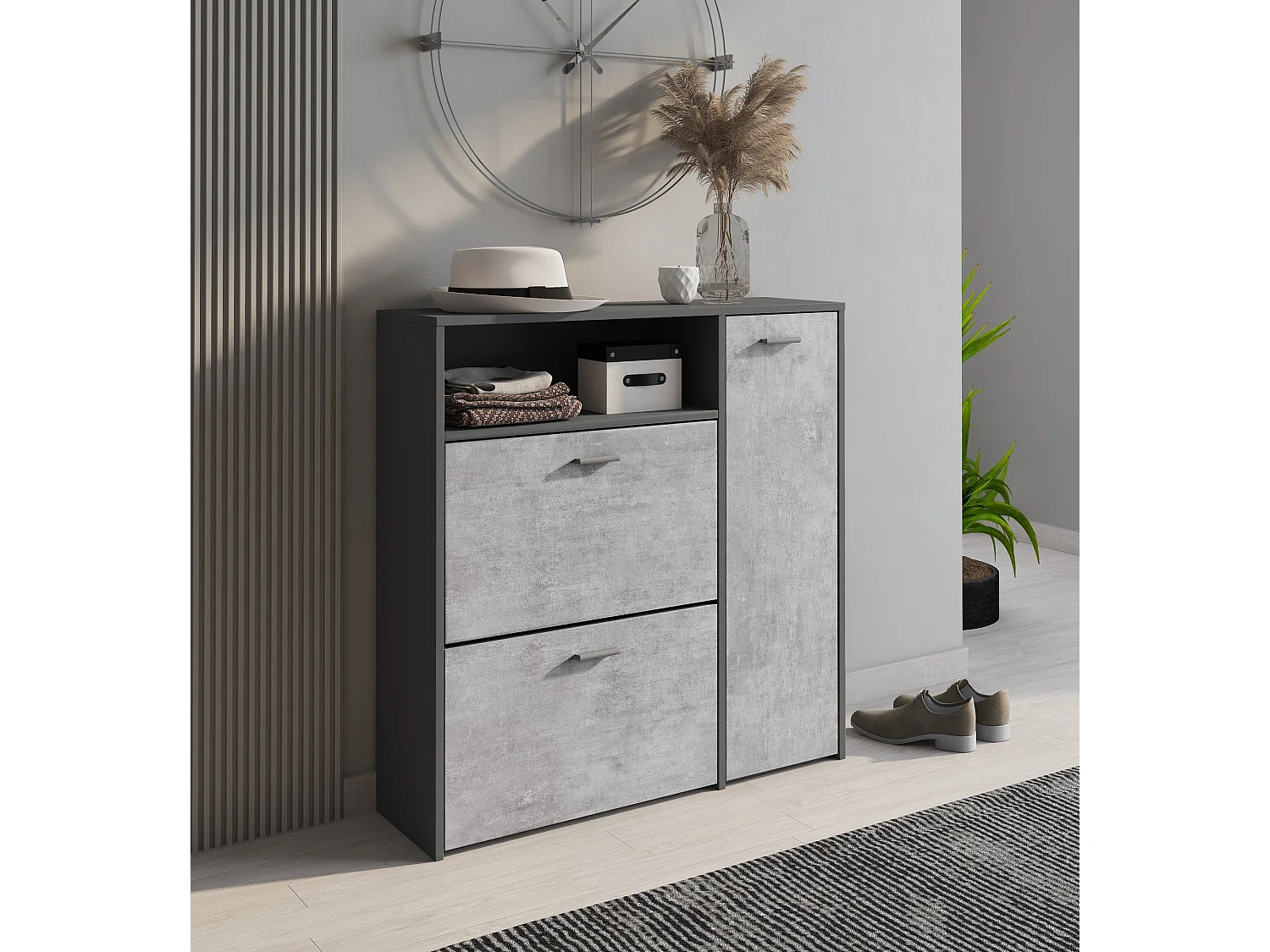 Aldaya schoenenrek, Ruimtebesparend schoenenrek, Ingang schoenenrek, Kast met 3 vouwdeuren, 92x27h94 cm, Antraciet, Cement