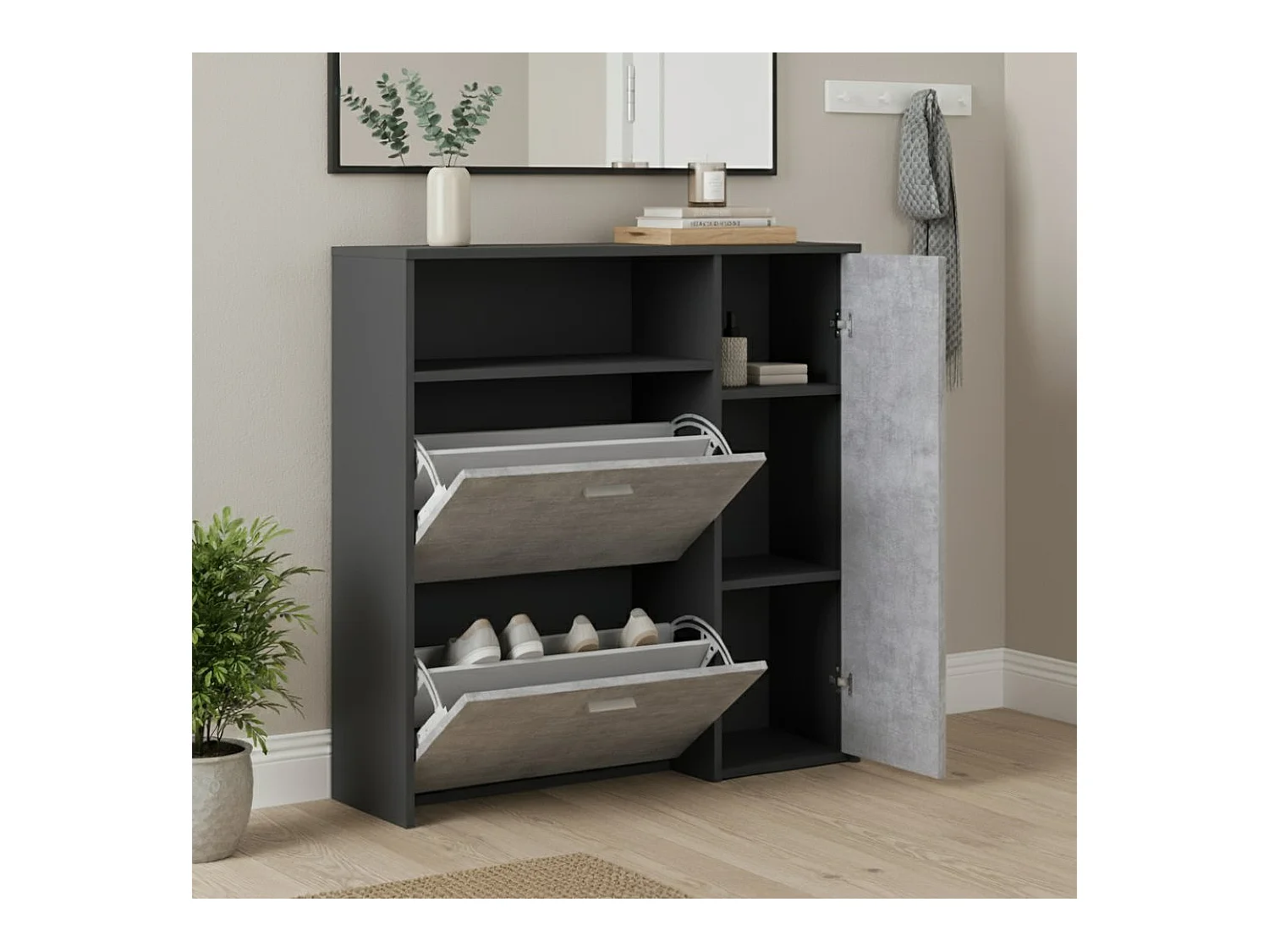 Aldaya schoenenrek, Ruimtebesparend schoenenrek, Ingang schoenenrek, Kast met 3 vouwdeuren, 92x27h94 cm, Antraciet, Cement