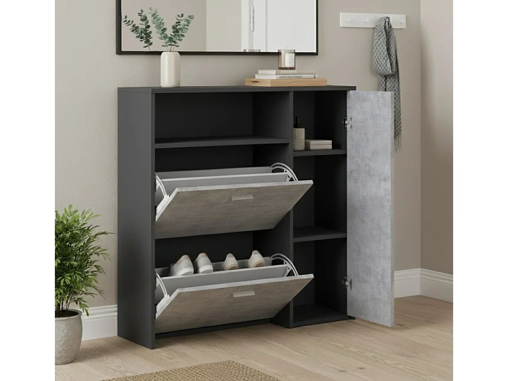 Aldaya schoenenrek, Ruimtebesparend schoenenrek, Ingang schoenenrek, Kast met 3 vouwdeuren, 92x27h94 cm, Antraciet, Cement