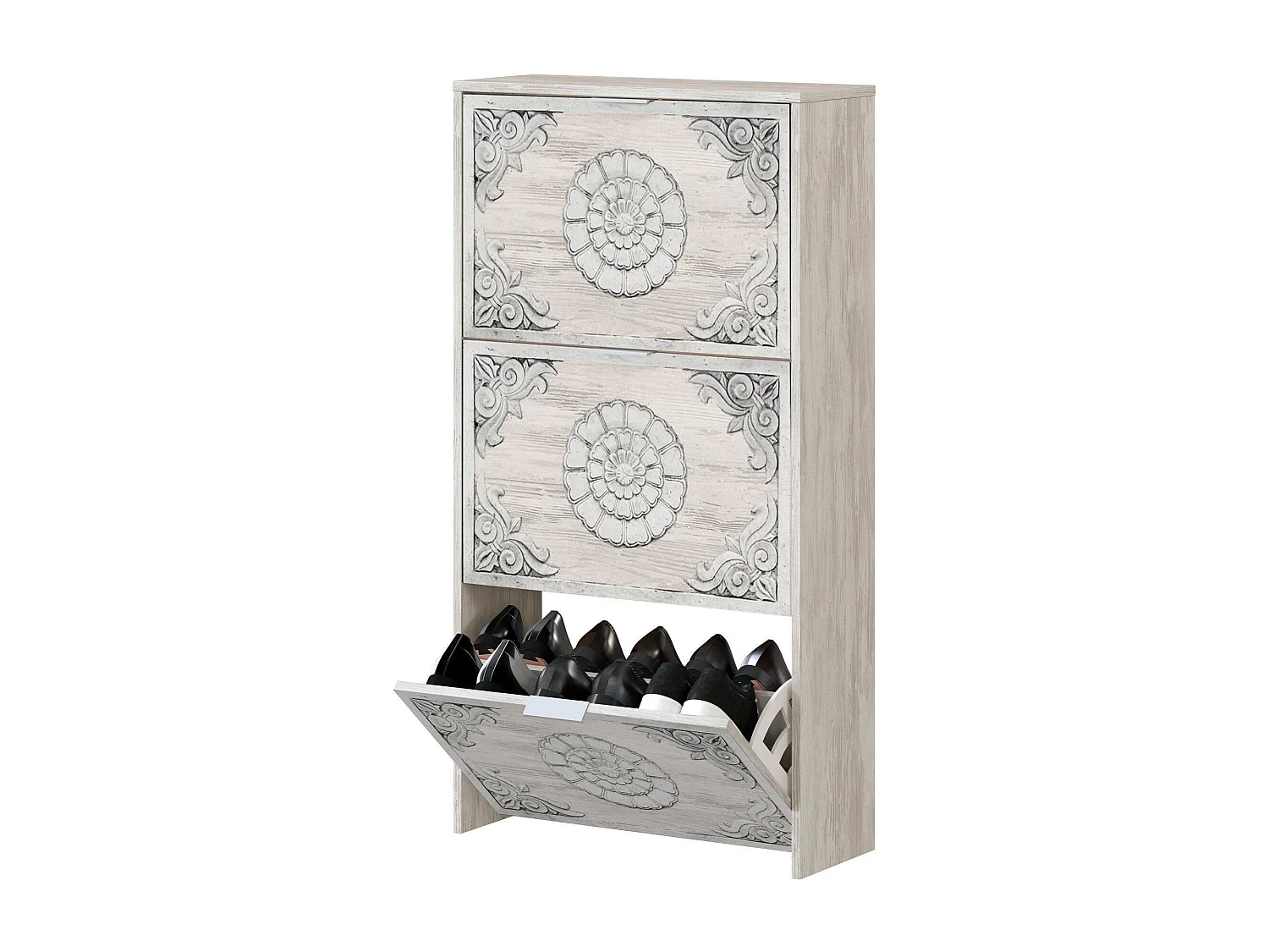 Dmora - Scarpiera Escondido, Armadio portascarpe a 3 ante a ribalta, Mobile doppia capienza per max 18 paia di scarpe, 60x22h113 cm, Bianco anticato