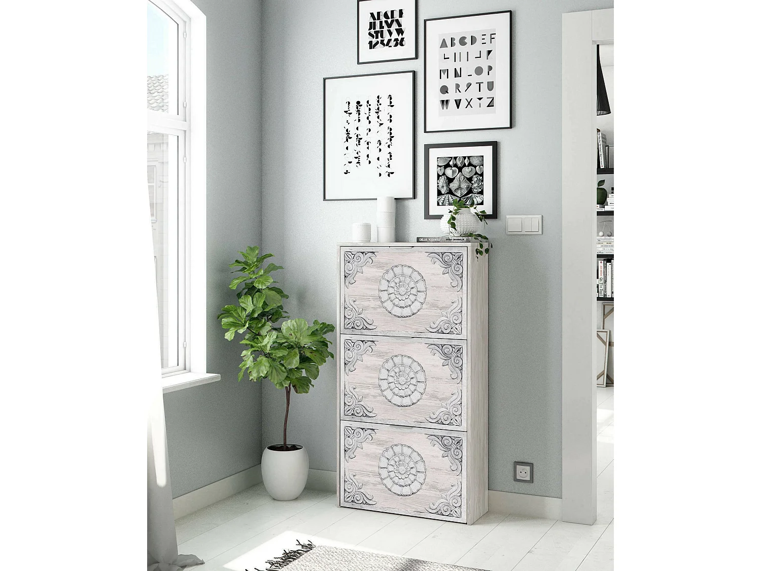 Zapatero Escondido, armario zapatero con 3 puertas plegables, mueble doble capacidad para hasta 18 pares de zapatos, 60x22h113 cm, blanco antiguo