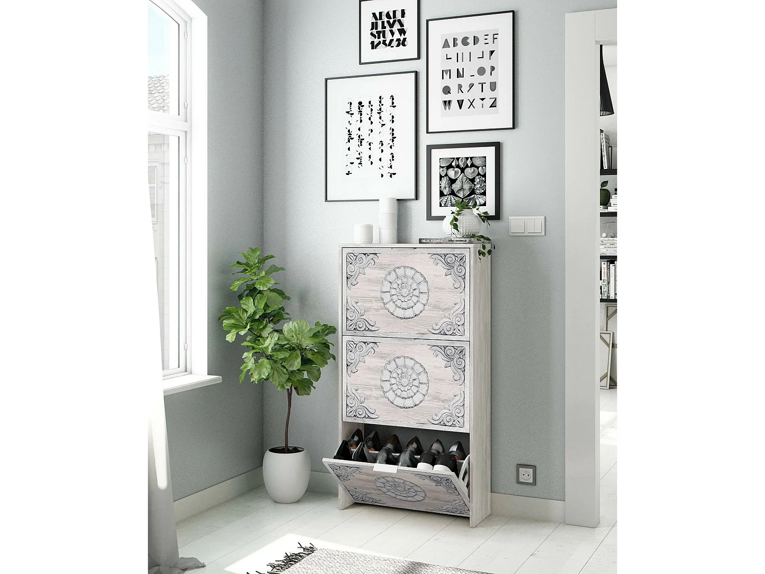 Zapatero Escondido, armario zapatero con 3 puertas plegables, mueble doble capacidad para hasta 18 pares de zapatos, 60x22h113 cm, blanco antiguo