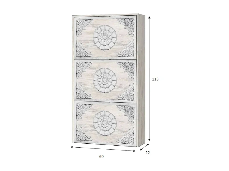 Escondido schoenenrek, schoenenkast met 3 vouwdeuren, kast met dubbele capaciteit voor maximaal 18 paar schoenen, 60x22h113 cm, antiek wit