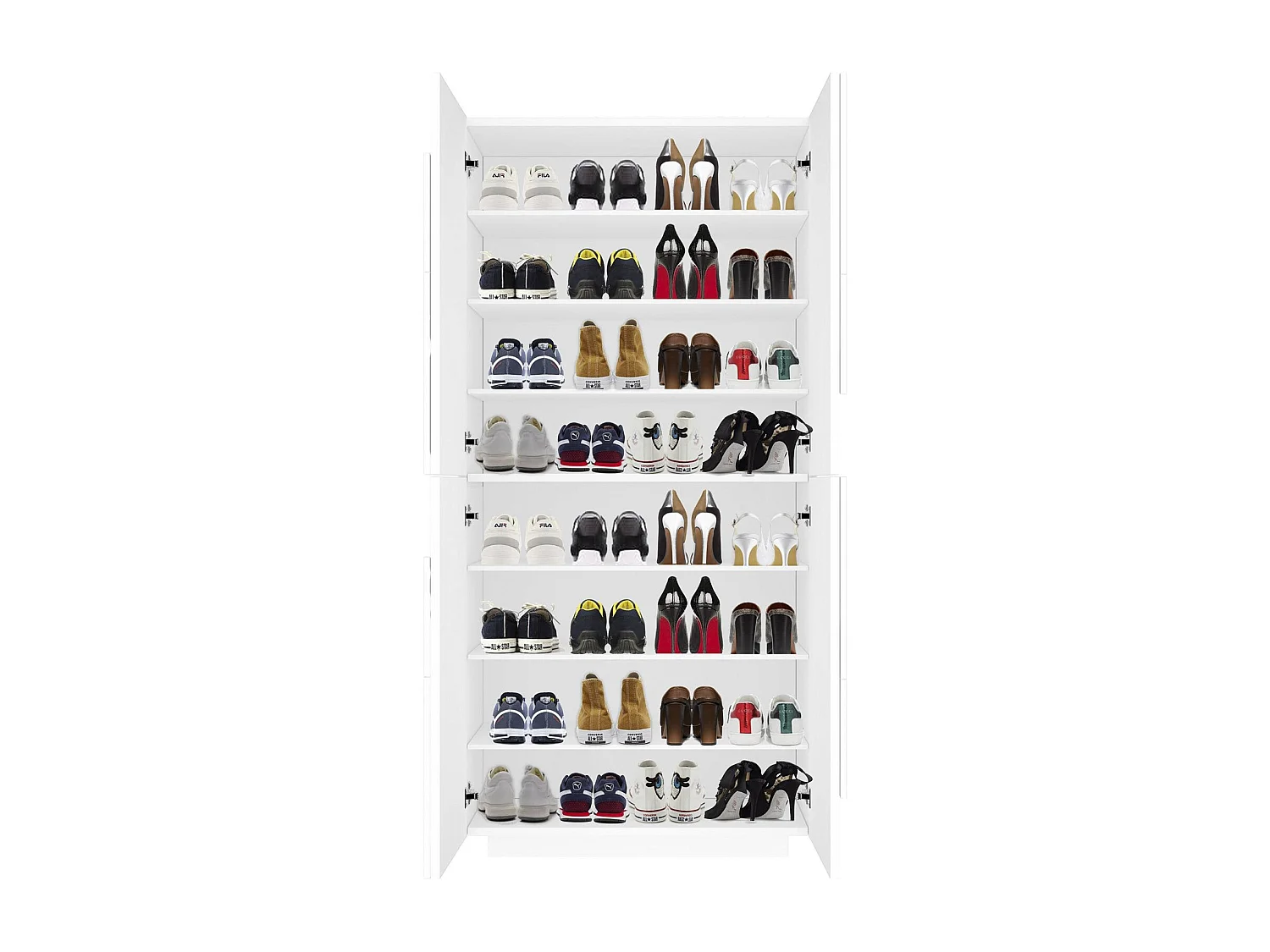 Étagère à chaussures Orfeo, Armoire polyvalente avec 4 portes battantes, Étagère à chaussures d'entrée, 100% Made in Italy, 81x38h167 cm, Blanc brillant
