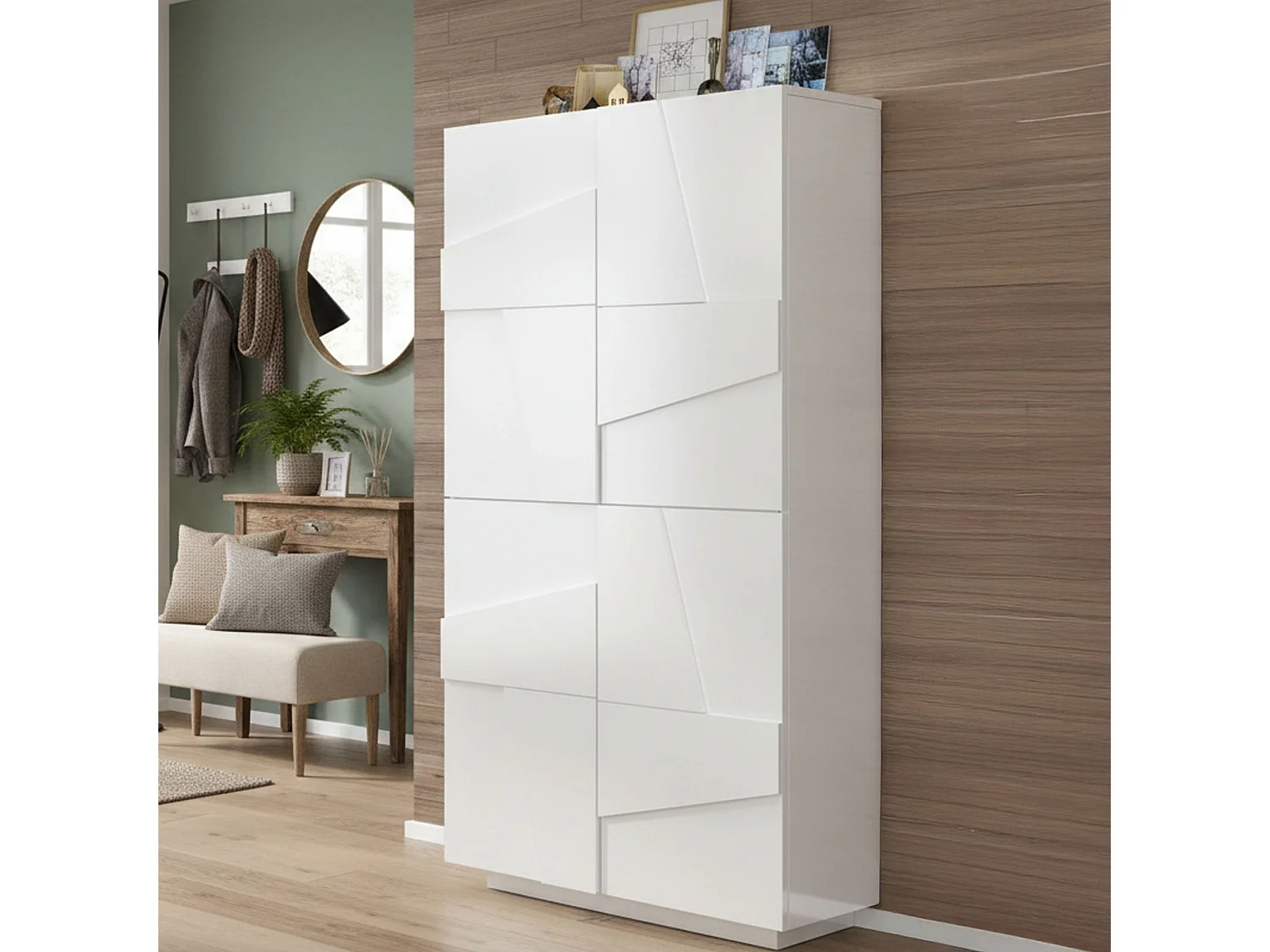 Étagère à chaussures Orfeo, Armoire polyvalente avec 4 portes battantes, Étagère à chaussures d'entrée, 100% Made in Italy, 81x38h167 cm, Blanc brillant