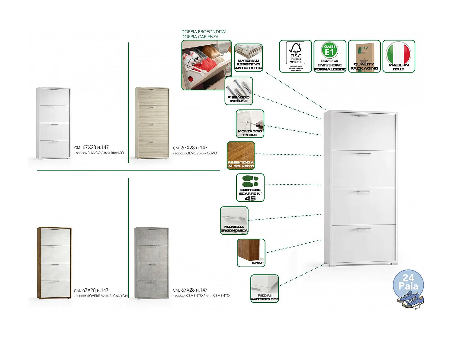 Étagère à chaussures Rose, Meuble d'entrée polyvalent avec 4 portes pliantes, Meuble à chaussures double profondeur, 100% Made in Italy, 67x28h147 cm, Blanc