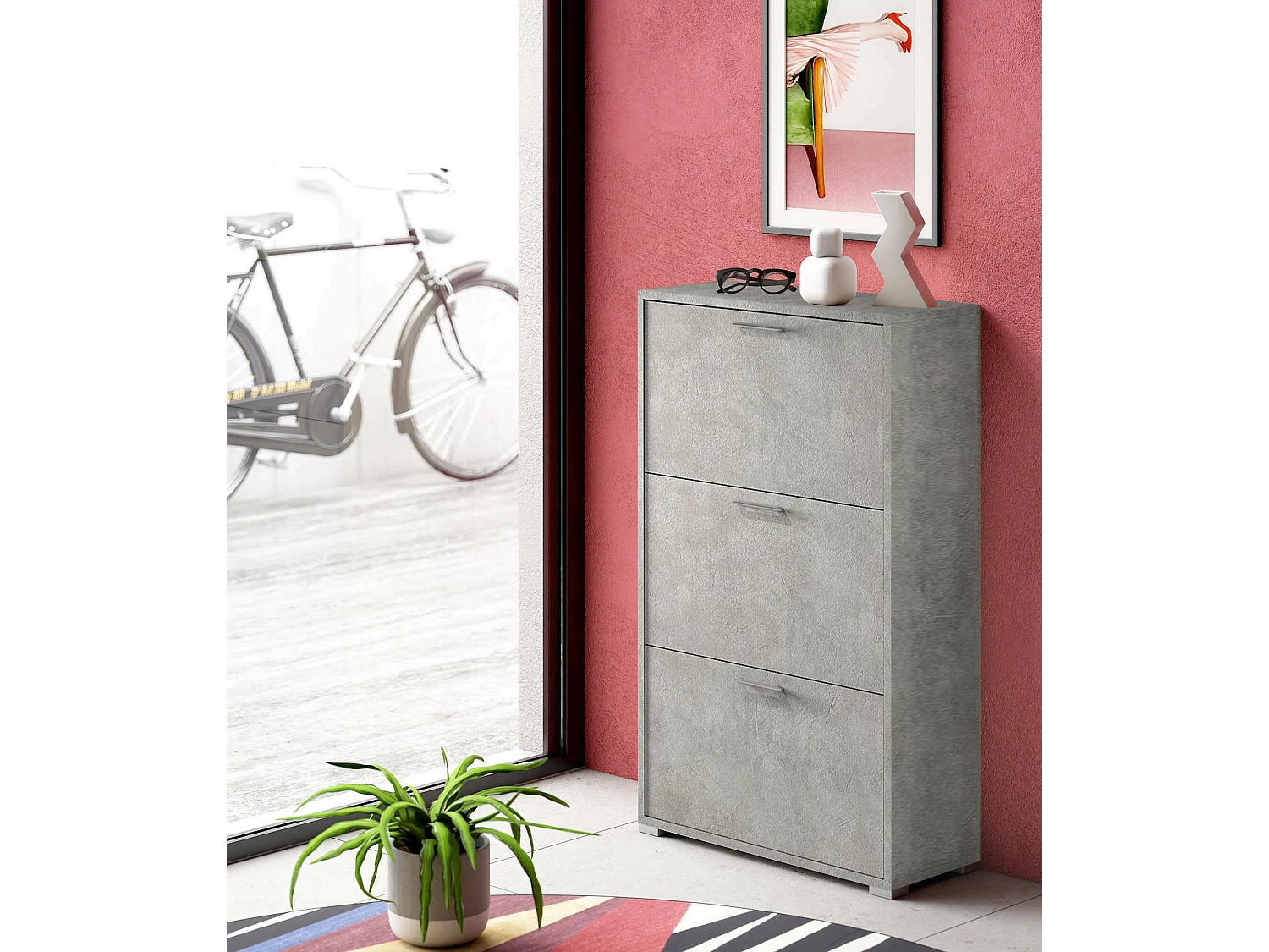 Peonia schoenenrek, Multifunctioneel entreemeubilair met 3 vouwdeuren, Schoenenkast met dubbele diepte, 100% Made in Italy, 67x28h112 cm, Cement
