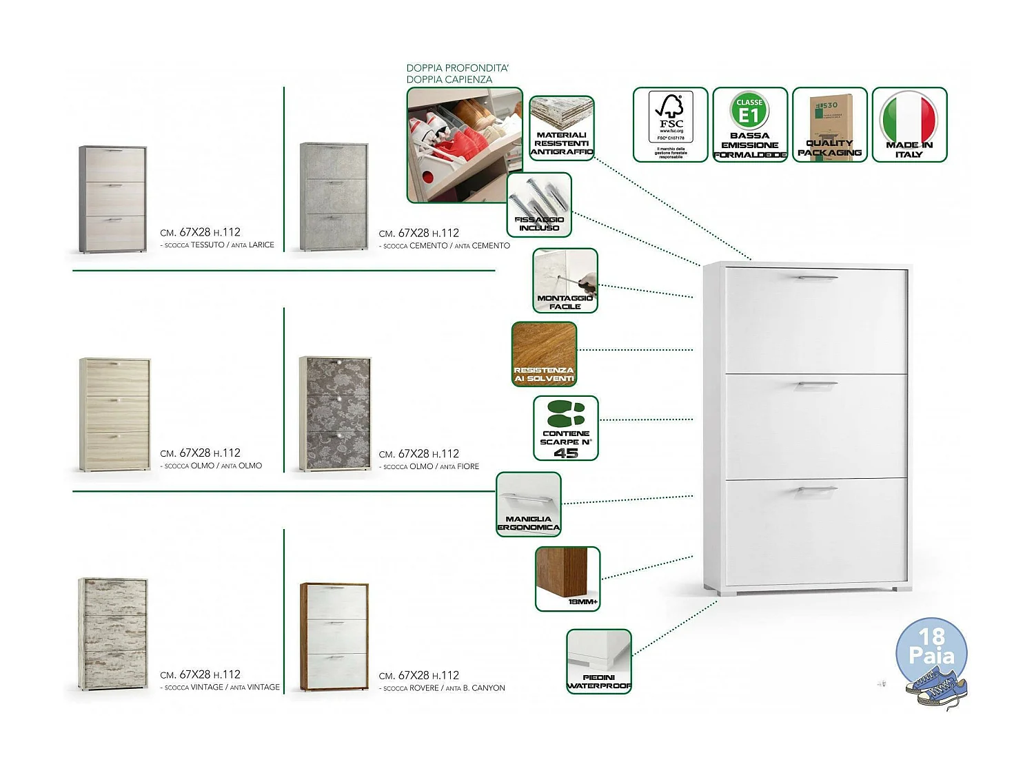 Dmora Schoenenrek Peonia 28x67x112h cm Grijs Cement 18 Paar 6 Vakken, Schoenenkast 3 Deuren Made in Italy