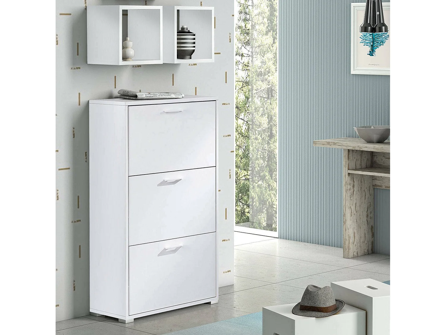 Étagère à chaussures Peonia, Meuble d'entrée polyvalent avec 3 portes pliantes, Meuble à chaussures double profondeur, 100% Made in Italy, 67x28h112 cm, Blanc
