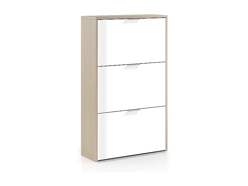 Sapateira Escondido, guarda-roupa com 3 portas sanfonadas, armário de dupla capacidade para até 18 pares de sapatos,  60x22h113 cm, carvalho e branco brilhante