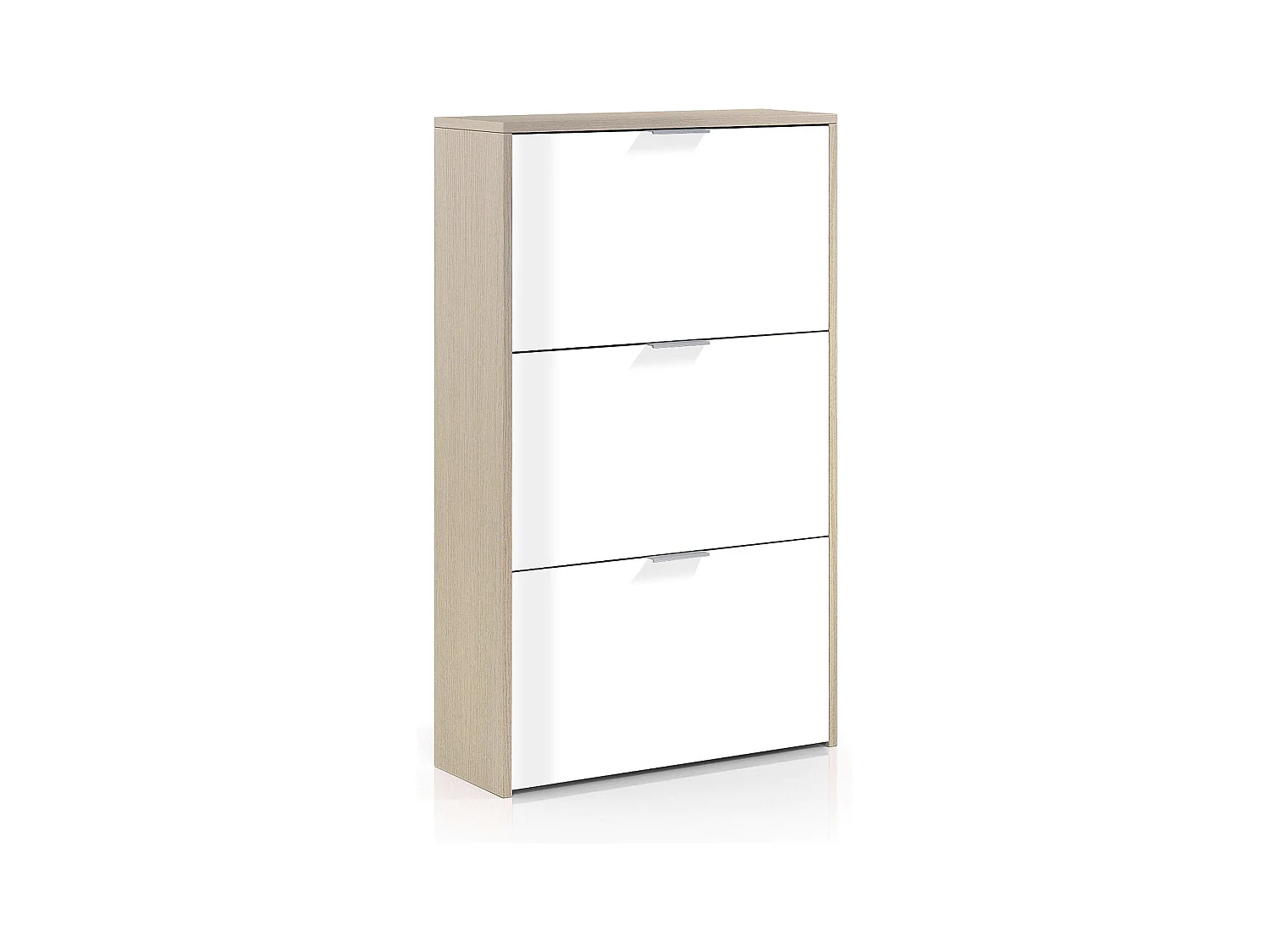 Scarpiera Escondido, Armadio portascarpe a 3 ante a ribalta, Mobile doppia capienza per max 18 paia di scarpe, 60x22h113 cm, Rovere e Bianco lucido