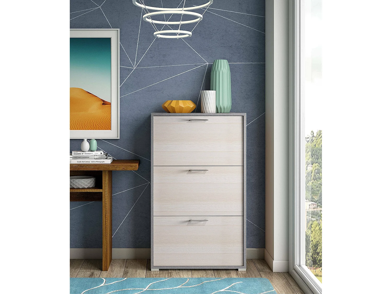 Scarpiera Iris, Mobile multiuso da ingresso con 3 ante a ribalta, Armadietto portascarpe moderno, 100% Made in Italy, 67x18h112 cm, Larice