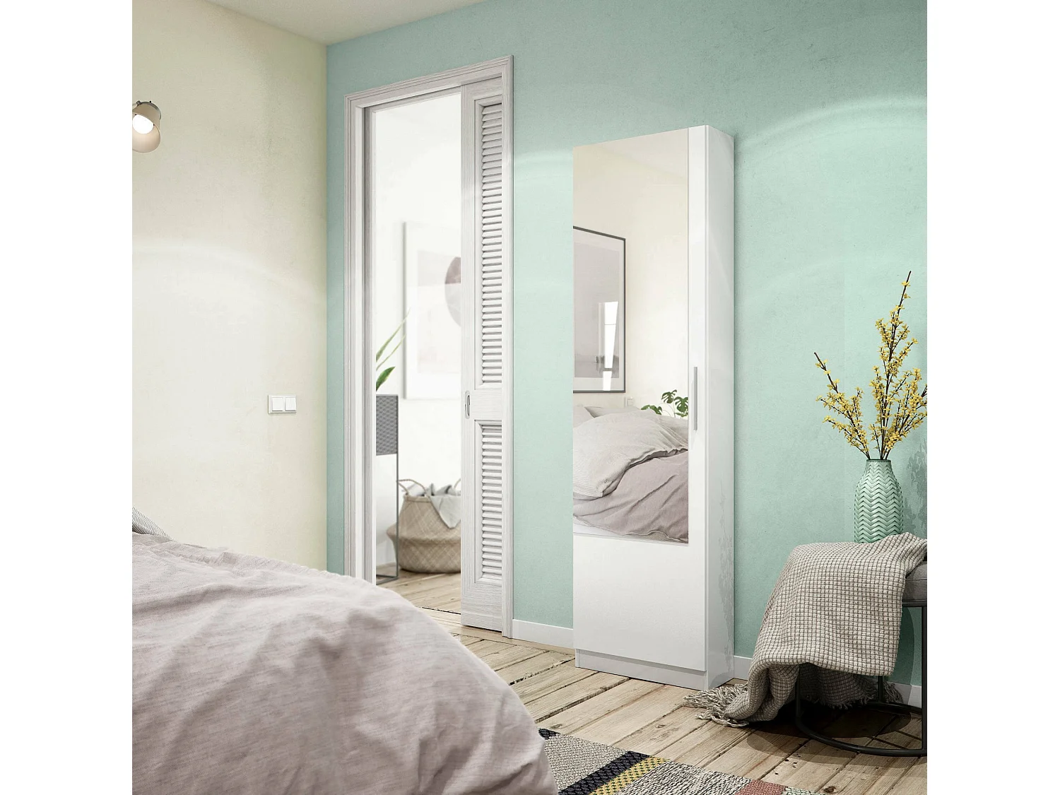 Étagère à chaussures Eugene, Armoire à chaussures haute avec 1 porte, Armoire à chaussures moderne, Armoire d'entrée avec miroir, 50x22h180 cm, Blanc