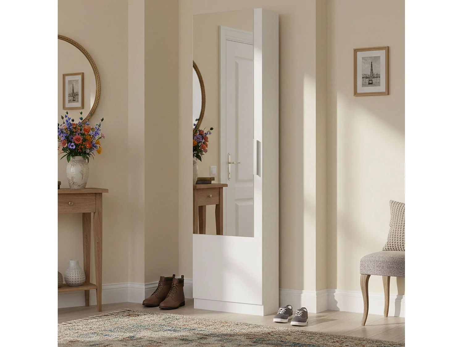 Étagère à chaussures Eugene, Armoire à chaussures haute avec 1 porte, Armoire à chaussures moderne, Armoire d'entrée avec miroir, 50x22h180 cm, Blanc