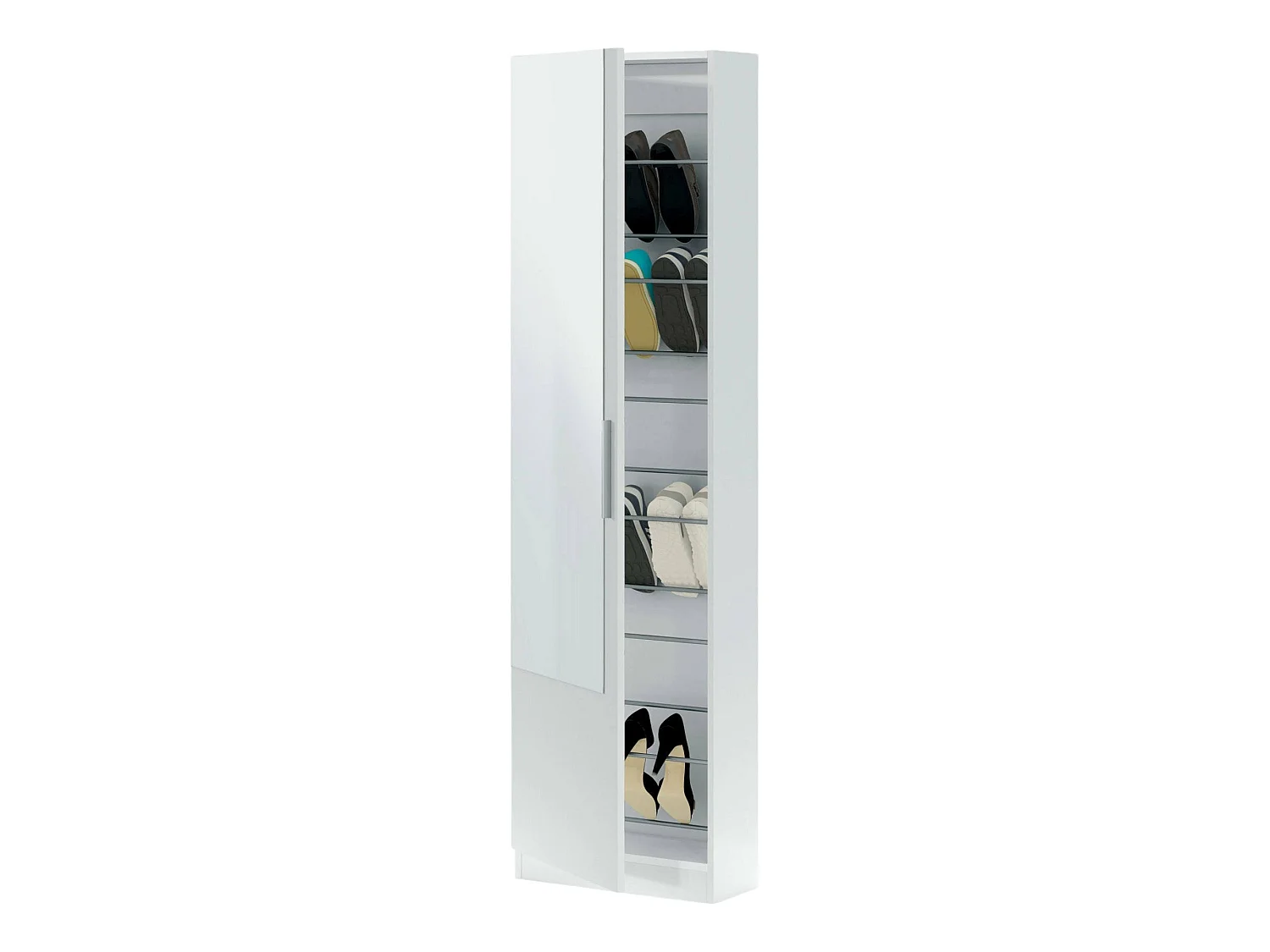 Étagère à chaussures Eugene, Armoire à chaussures haute avec 1 porte, Armoire à chaussures moderne, Armoire d'entrée avec miroir, 50x22h180 cm, Blanc
