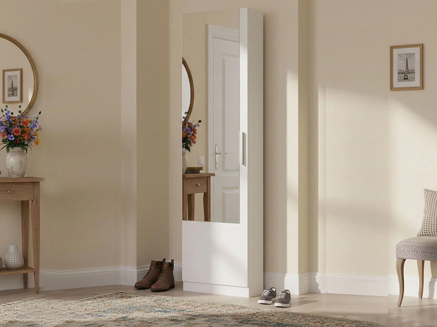 Étagère à chaussures Eugene, Armoire à chaussures haute avec 1 porte, Armoire à chaussures moderne, Armoire d'entrée avec miroir, 50x22h180 cm, Blanc