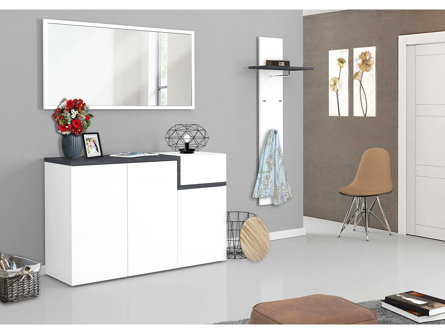 Etagere à chaussures Steve, Meuble polyvalent avec 3 portes et 1 porte abattante, 120x40h80 cm, Blanc brillant et ardoise