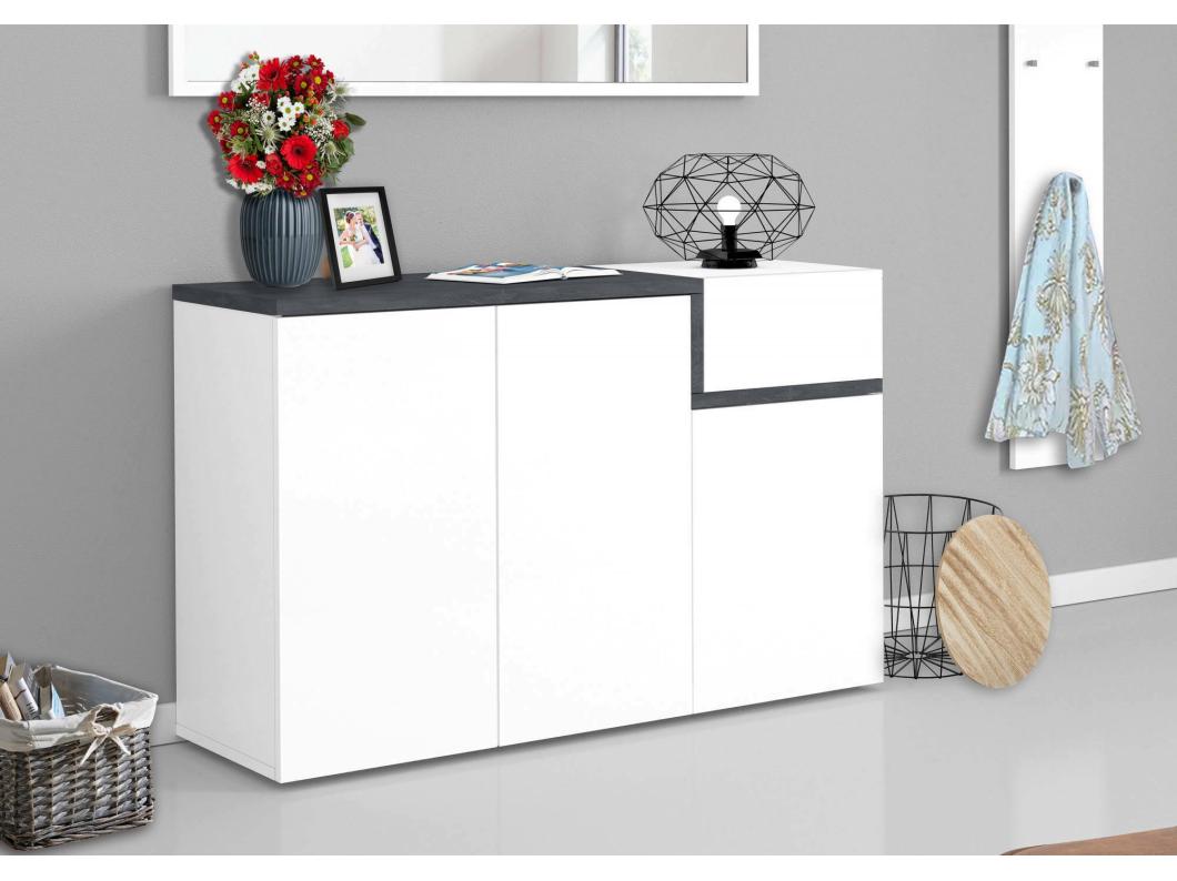 Zapatero Steve, Mueble multiusos con 3 puertas y 1 puerta abatible, Zapatero de entrada, 100% Made in Italy, 120x40h80 cm, Blanco brillo y pizarra