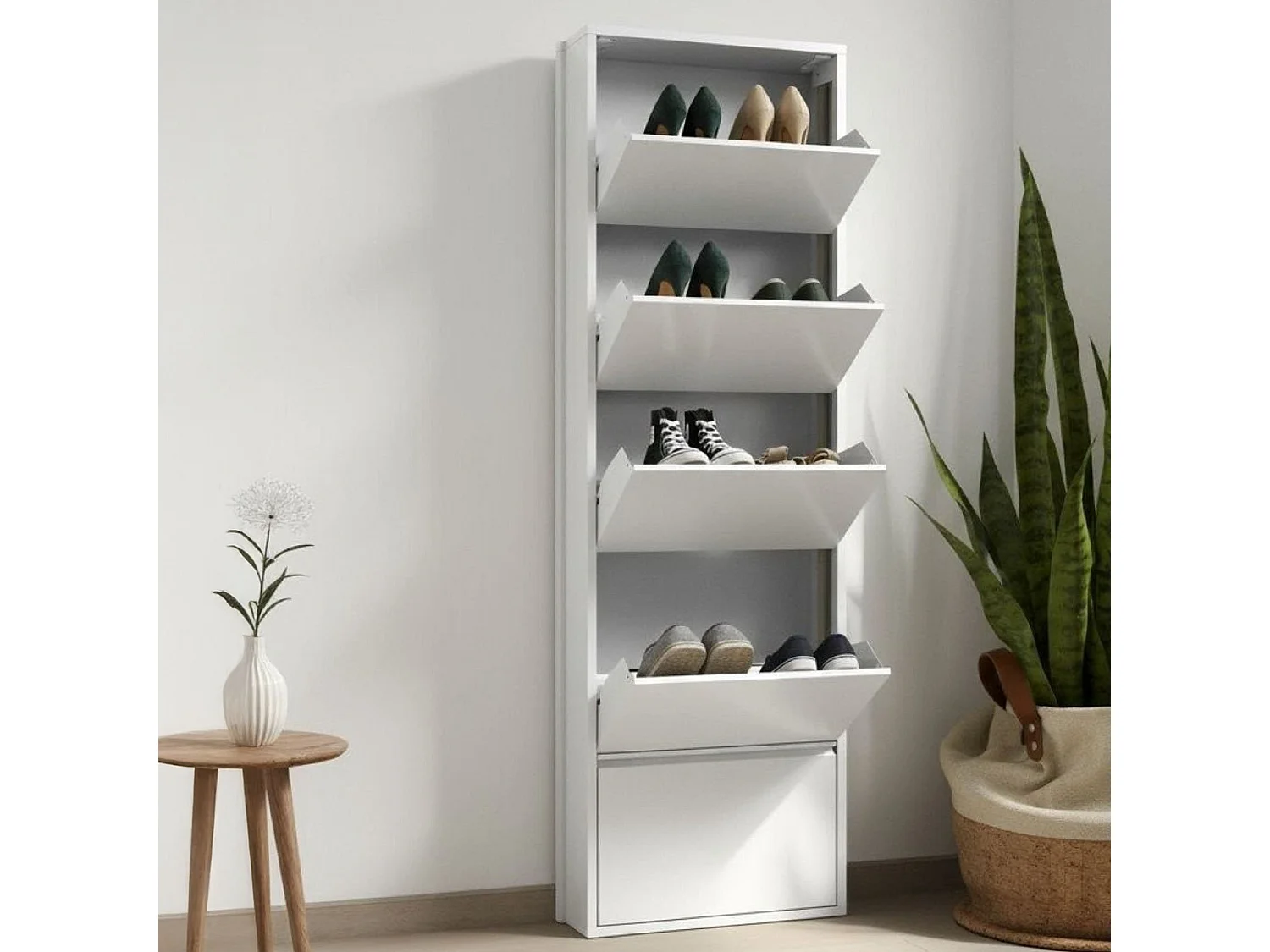 Scarpiera Alginet, Portascarpe salvaspazio, Scarpiera da ingresso, Mobile porta scarpe a 5 ante in metallo, 50x15h169 cm, Bianco