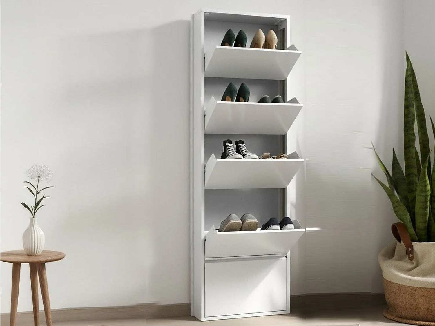 Scarpiera Alginet, Portascarpe salvaspazio, Scarpiera da ingresso, Mobile porta scarpe a 5 ante in metallo, 50x15h169 cm, Bianco