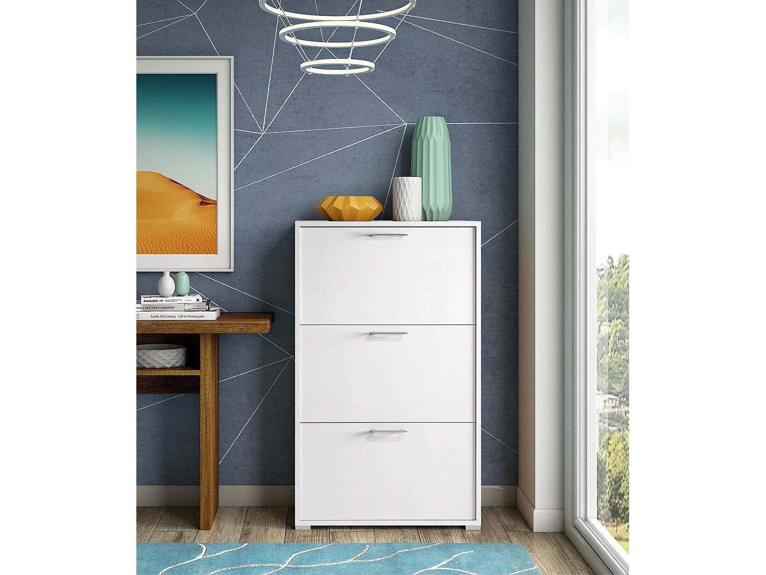 Schoenenrek Iris, multifunctioneel entreemeubel met 3 vouwdeuren, moderne schoenenkast, 100% Made in Italy, 67x18h112 cm, Wit