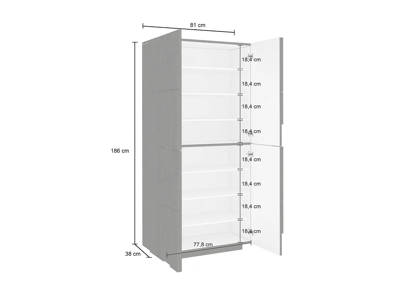 Étagère à chaussures Orfeo, Armoire polyvalente avec 4 portes battantes, Étagère à chaussures d'entrée, 100% Made in Italy, 81x38h167 cm, Ciment
