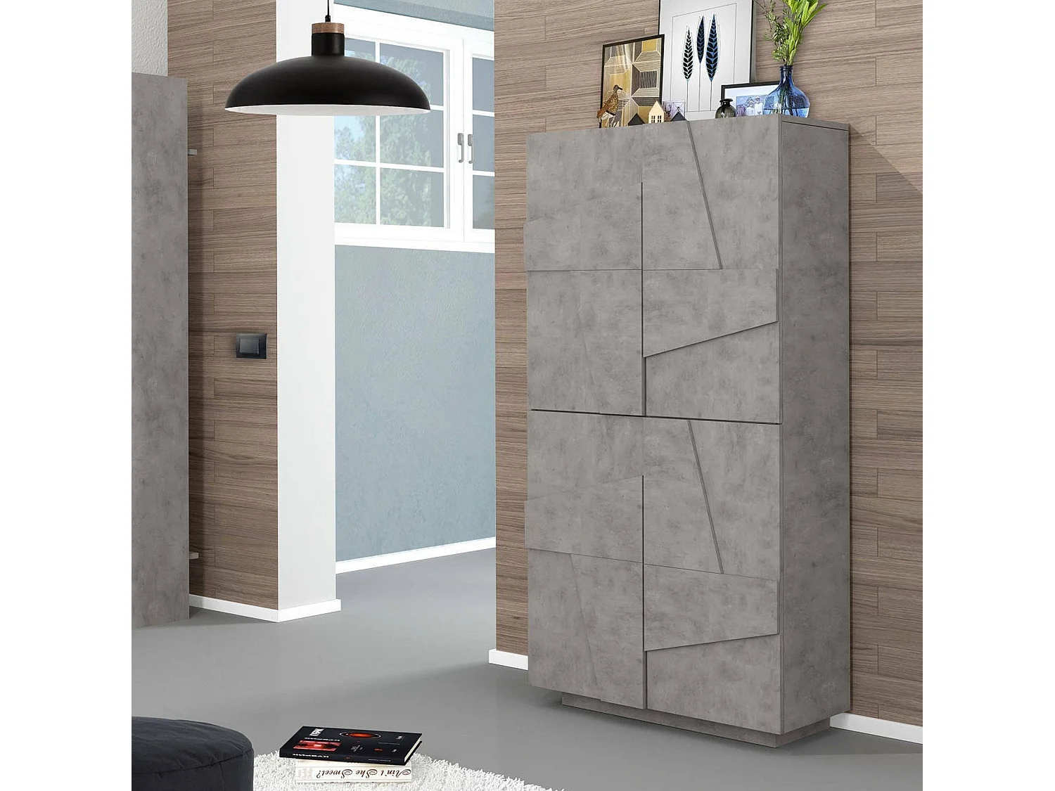 Étagère à chaussures Orfeo, Armoire polyvalente avec 4 portes battantes, Étagère à chaussures d'entrée, 100% Made in Italy, 81x38h167 cm, Ciment