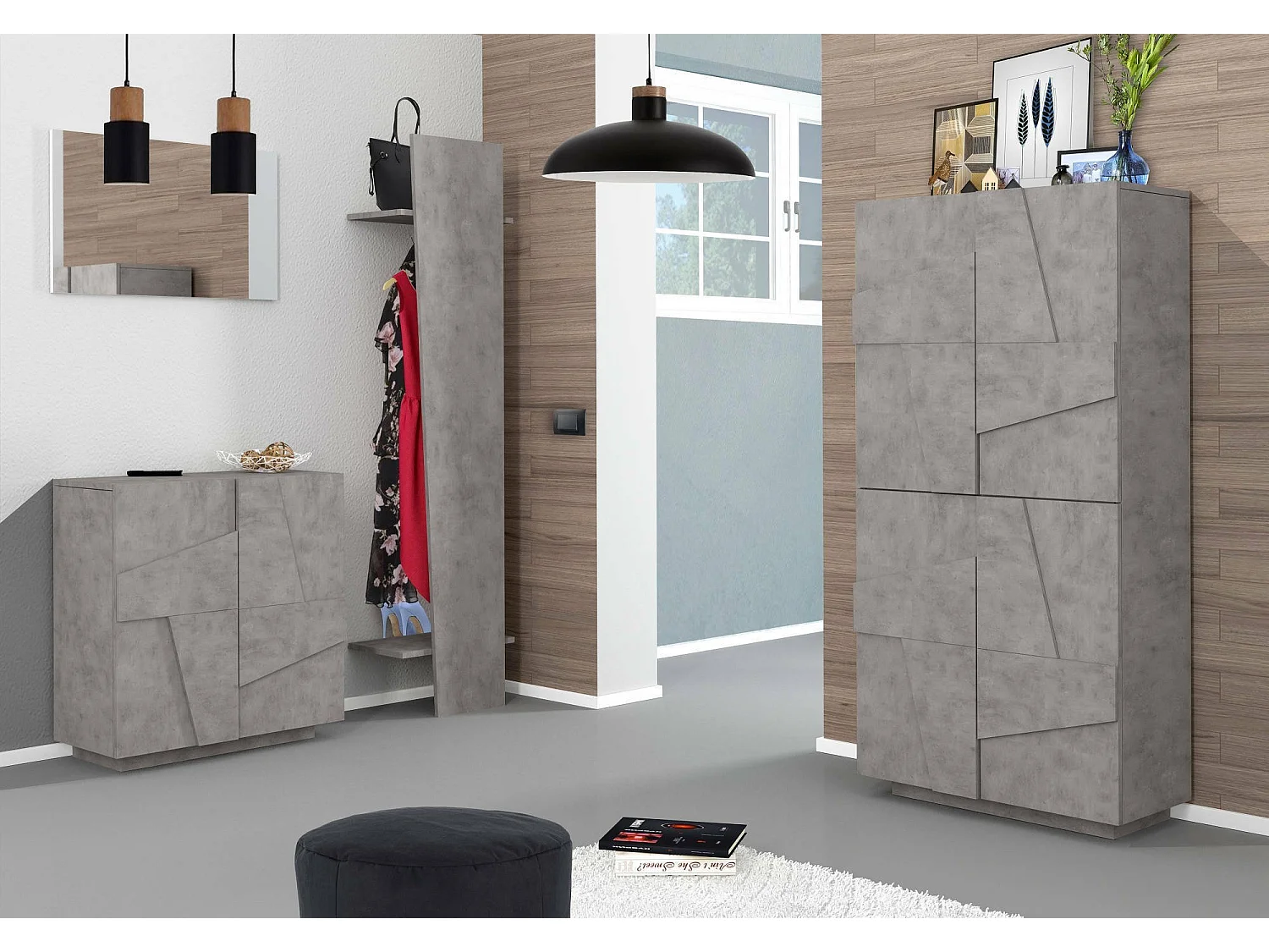 Étagère à chaussures Orfeo, Armoire polyvalente avec 4 portes battantes, Étagère à chaussures d'entrée, 100% Made in Italy, 81x38h167 cm, Ciment