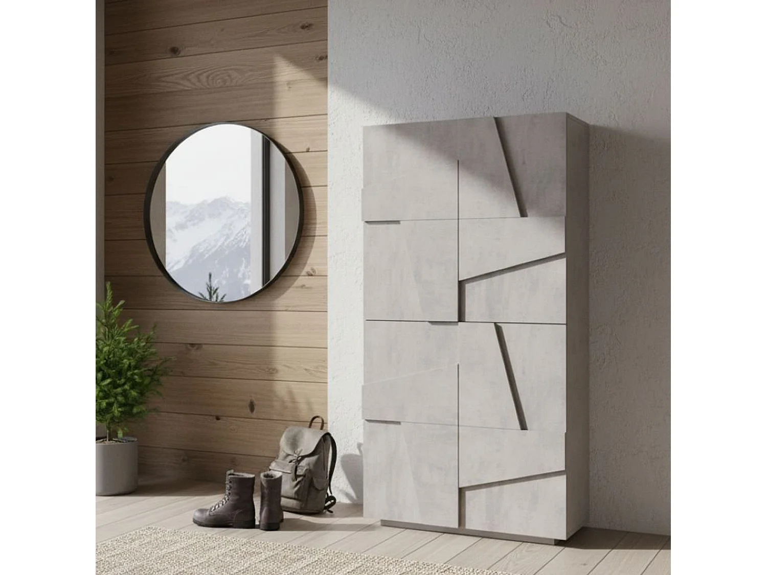 Scarpiera Orfeo, Mobile multiuso a 4 ante battenti, Portascarpe da ingresso, 100% Made in Italy, cm 81x38h167, Cemento