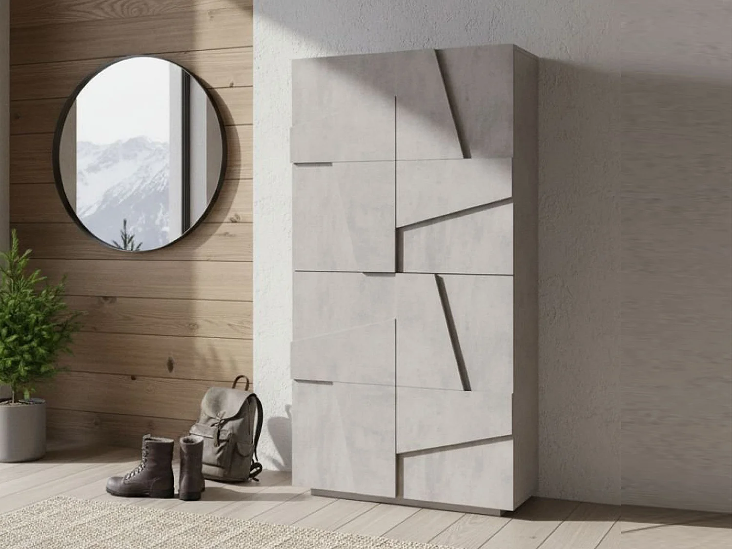 Étagère à chaussures Orfeo, Armoire polyvalente avec 4 portes battantes, Étagère à chaussures d'entrée, 100% Made in Italy, 81x38h167 cm, Ciment