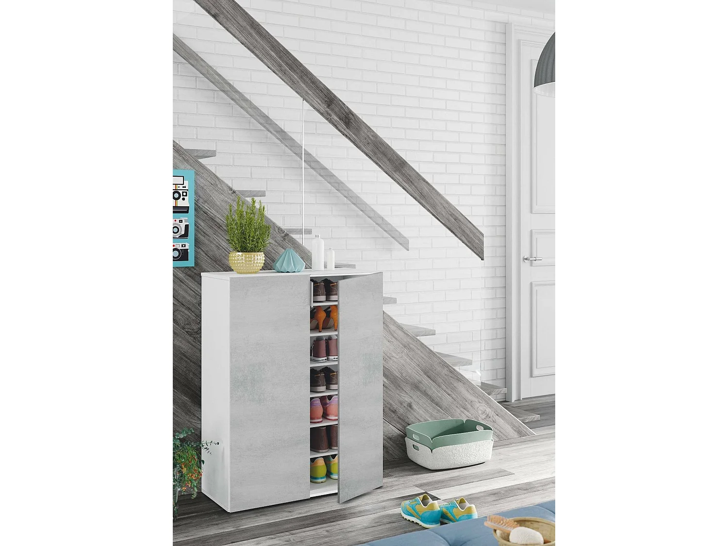 Olathe Mehrzweckgarderobe, Hilfsschrank mit 2 Türen, Niedriger Schuhschrank mit 6 Regalen, Niedriger Schuhregal, 70x36h103 cm, Zement und WeiÃŸ