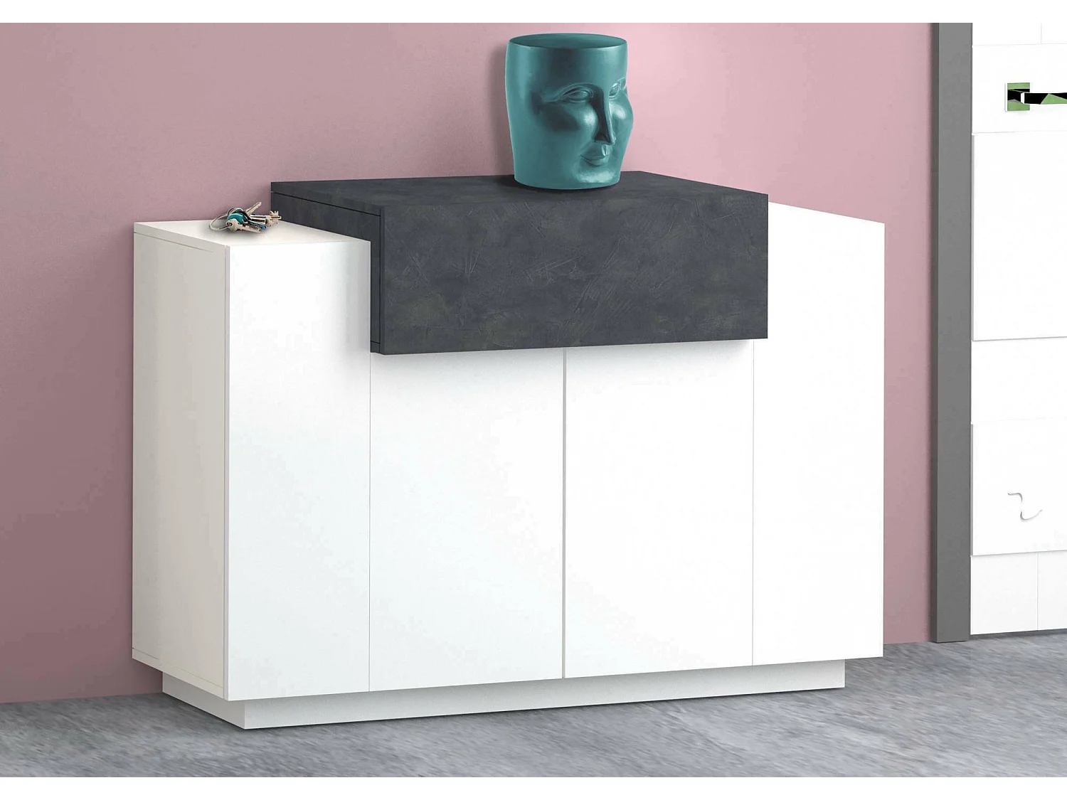 Zapatero Peter, Mueble multiusos con 2 puertas y 1 puerta abatible, Zapatero de entrada, 100% Made in Italy, 120x45h86 cm, Blanco brillo y pizarra