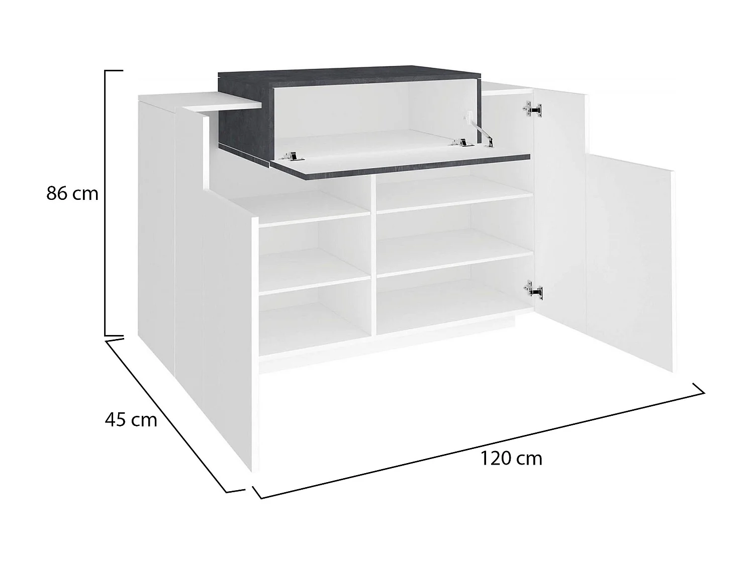 Peter schoenenrek, Multifunctionele kast met 2 deuren en 1 klepdeur, Ingang schoenenrek, 100% Made in Italy, 120x45h86 cm, Glanzend wit en leisteen