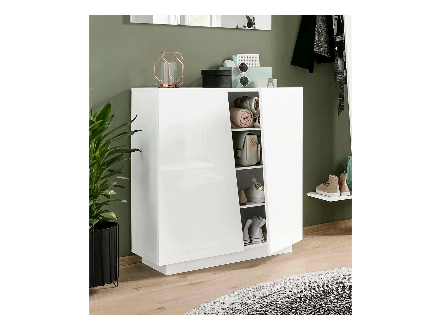 Schuhregal Joel, Mehrzweckschrank mit 2 Türen, Schuhregal für den Eingangsbereich, 100 % Made in Italy, 80 x 38 x 86 cm, glänzend weiß,